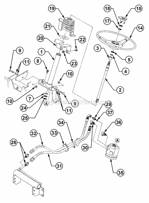 Steering Wheel & Hoses Diagram and Parts List for 54A-458D100, 590-603-100 Cub Cadet Lawn Tractor